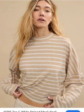 aerie Tan and White Striped Mock-Neck Cropped Sweatshirt